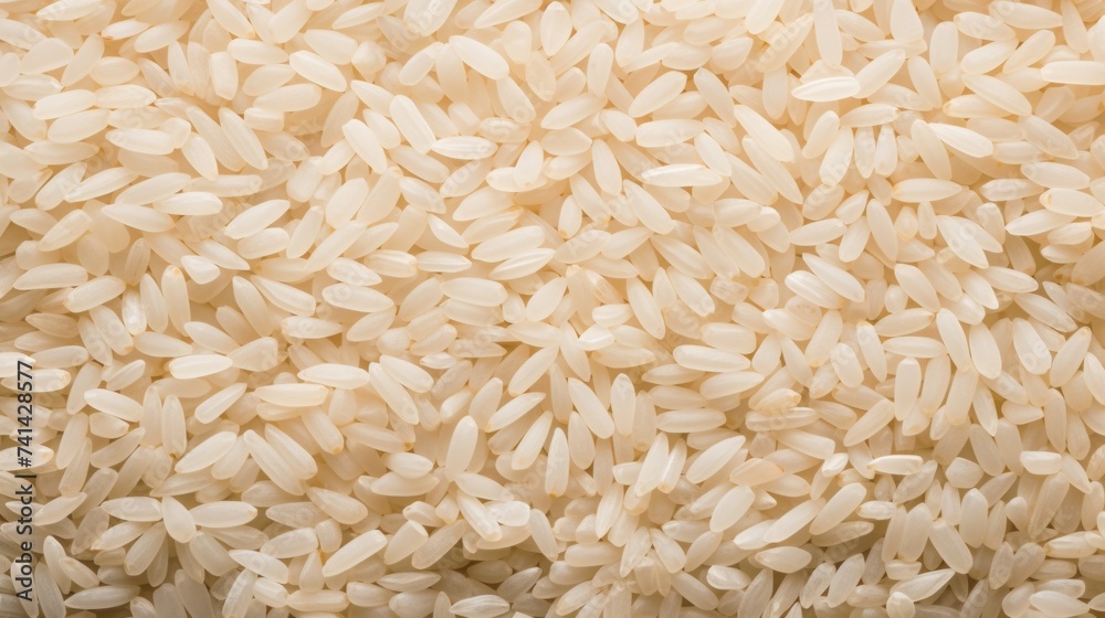 Dry white rice grains. Textured background. Top view. Copy space. Concept of uncooked food, dietary staple, cereal grain, and agricultural product Dry white rice grains. Textured background. Top view. Copy space. Concept of uncooked food, dietary staple, cereal grain, and agricultural product