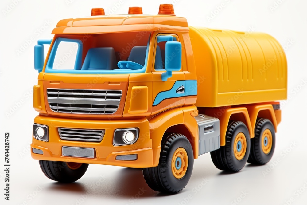 Yellow plastic toy truck isolated on a white background. Side view. Fantastic childrens car. Concept of kids toys, playful designs, transport-themed playthings, and bright colors