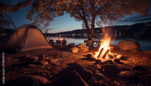 bonfire near a tent near the river at night with a starry sky. 