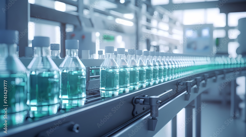 Pharmaceutical factory with conveyor line for glass bottles Pharmaceutical factory with conveyor line for glass bottles