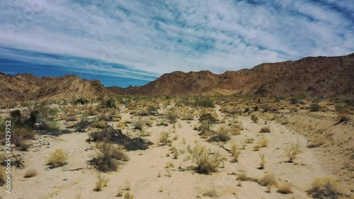 Aerial view of the arid, barren, and rocky landscape of Chiriaco Summit, San Diego, California, United States.