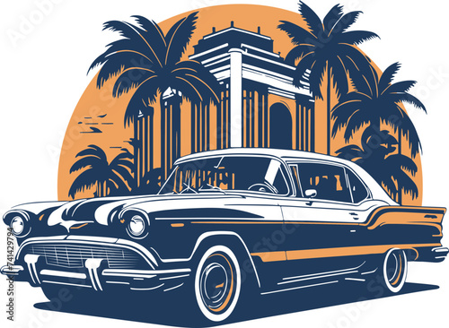 Classic american car style. Vintage vehicle vector illustration. Modern print design of retro machine.