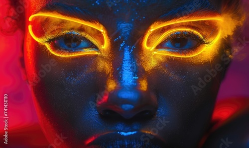 Close-up of a face with vibrant neon makeup and glowing eyes