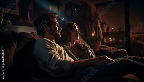 couple watching a movie on TV on the sofa at home. 