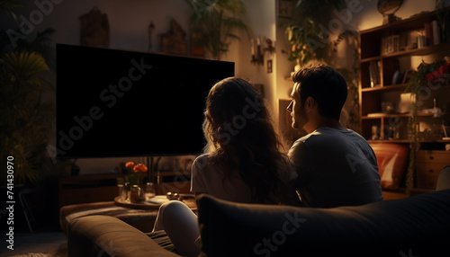 couple watching a movie on TV on the sofa at home. 