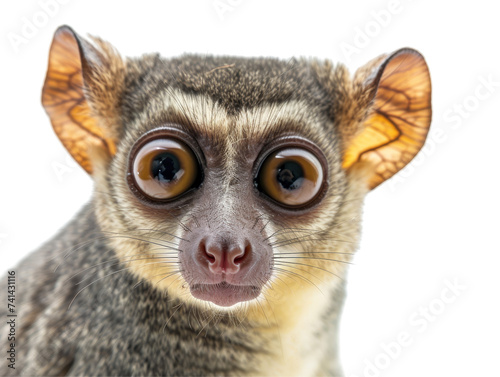 Close-up of a bushbaby with large, round eyes and alert expression.