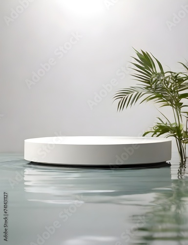 White podium standing in water. Mock up for product, cosmetic presentation. Pedestal or platform for beauty products. Empty scene. Stage, display, showcase. Generative AI © Jaon