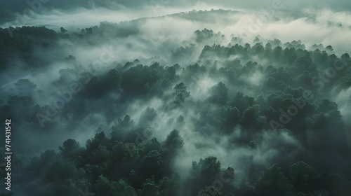 Enigmatic Fog Over Mysterious Forest Aerial View © MohammadRaihan
