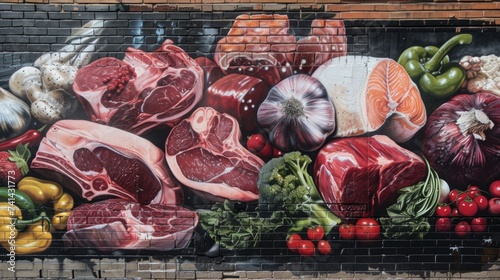 Mural various meats. Wall paint for cafe and restaurant photo