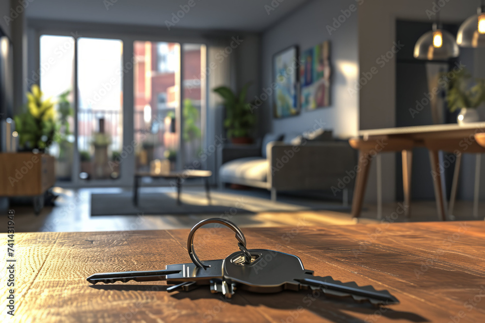 Modern living room interior with keys on wooden table, concept of new home and real estate.