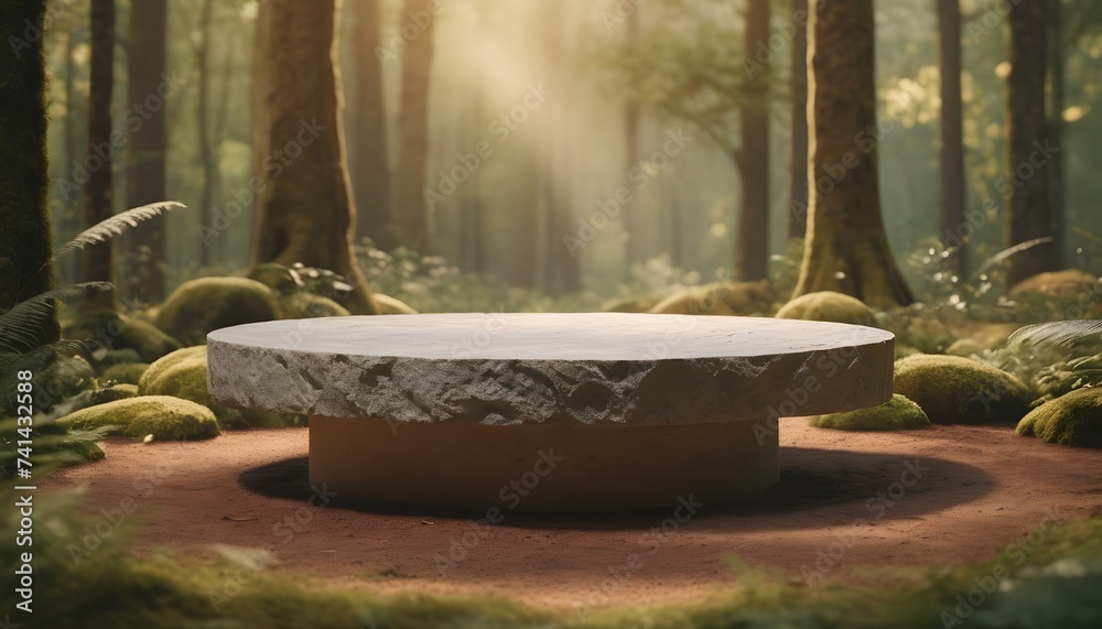Flat-stone-podium-in-the-magical-forest---empty-round-stand-background