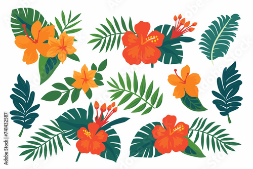 Tropical flowers, palm leaves, jungle leaf, bird of paradise flower, hibiscus. Vector exotic illustrations, floral elements isolated, Hawaiian bouquet for greeting card, wedding, wallpaper