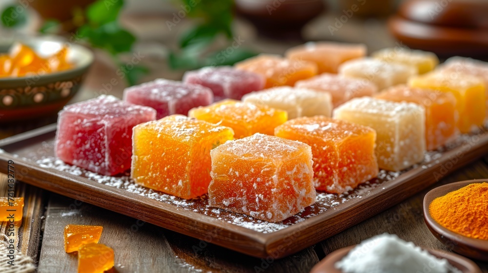 Assorted Turkish delights dusted with icing sugar on a wooden serving board. Concept of traditional Turkish confections, assorted sweet delights, cultural dessert presentation, and sugared treats Assorted Turkish delights dusted with icing sugar on a wooden serving board. Concept of traditional Turkish confections, assorted sweet delights, cultural dessert presentation, and sugared treats