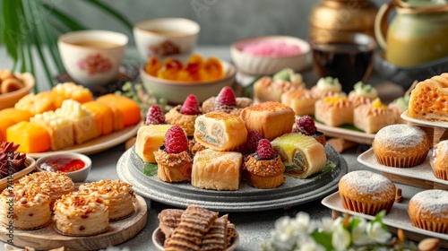Assorted traditional eastern desserts, featuring a variety of flavors and toppings. Concept of Asian dessert variety, assorted pastry selection, sweet treat presentation, and culinary diversity
