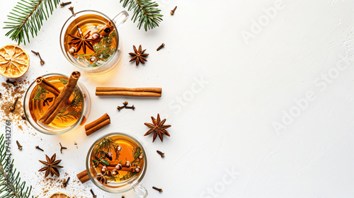 Winter tea with cinnamon sticks on a white background.