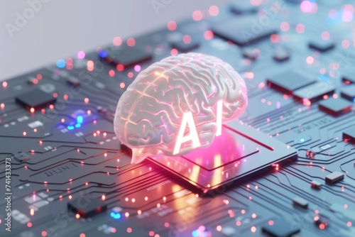 AI Brain Chip neurotechnology control. Artificial Intelligence speech recognition mind predictive modeling axon. Semiconductor branch target buffer circuit board cvd photo