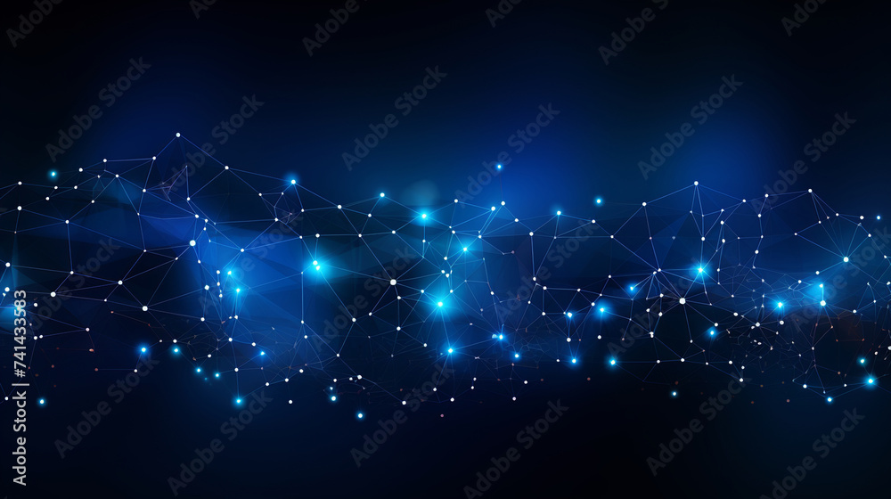 A graph like structure in blue color, intertwined networks, blue and black background with futuristic glowing lights