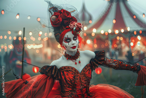 ilustración  de cuerpo entero de una hermosa mujer vestida de payaso en circo terrorífico photo