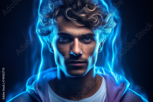 Intense Portrait of a Young Man with Blue Aura in a Dark Setting 
