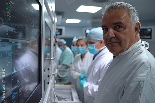 cirujanos trabajando en una cirugía innovadora junto a un grupo de asistentes en la operación 