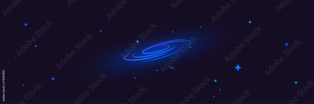 Astronomy poster with glowing Andromeda galaxy with stars. Panoramic space banner vector ilustration