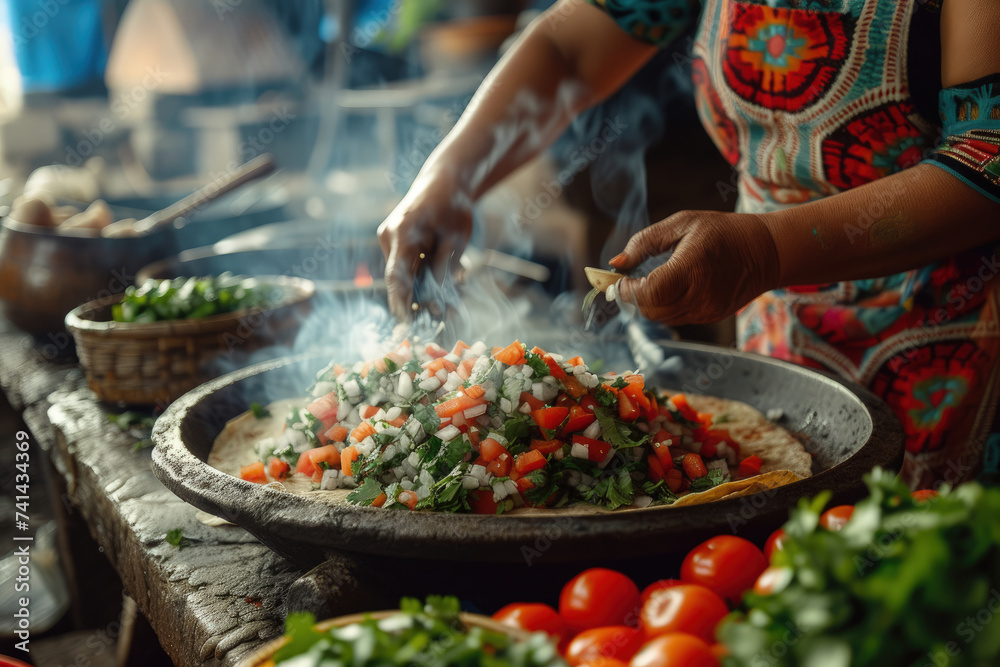 cocinando comida mexicana típica y tradicional en la calle, tacos  mexicanos - obrazy, fototapety, plakaty 
