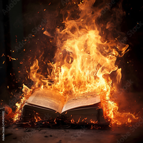 An open book being consumed by intense orange and yellow flames, a book caught in fire photo