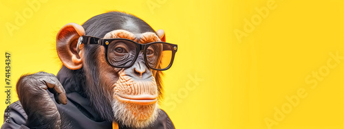 A chimpanzee wearing glasses and a hoodie in a yellow background, copy space photo