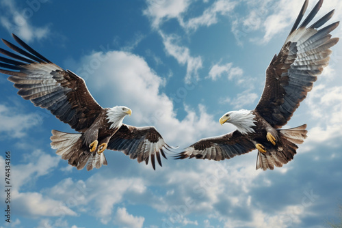 A pair of regal eagles soaring through a clear