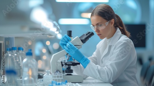 Female medic analyzing microscope in laboratory office with blurred background and text placement