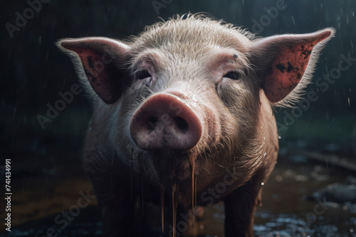 Unhappy Pig in Rain Portrait