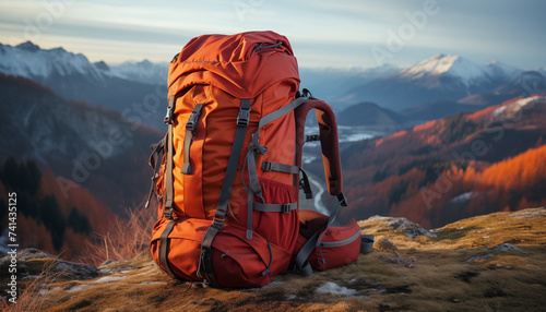 hiking backpack on a blurry mountain background. 