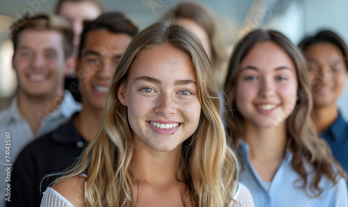 Group of smiling, happy and confident young business interns starting an internship at a private sector company. Candid modern contemporary isolated shot in an office setting, natural light and bokeh photo