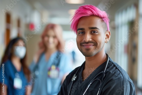 diverse healthcare team portrait of a Latino male with pink hair and stethoscope in an hospital hallway. 