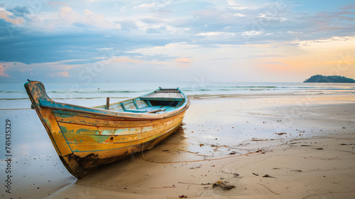 Wooden fishery boat on sea beach.