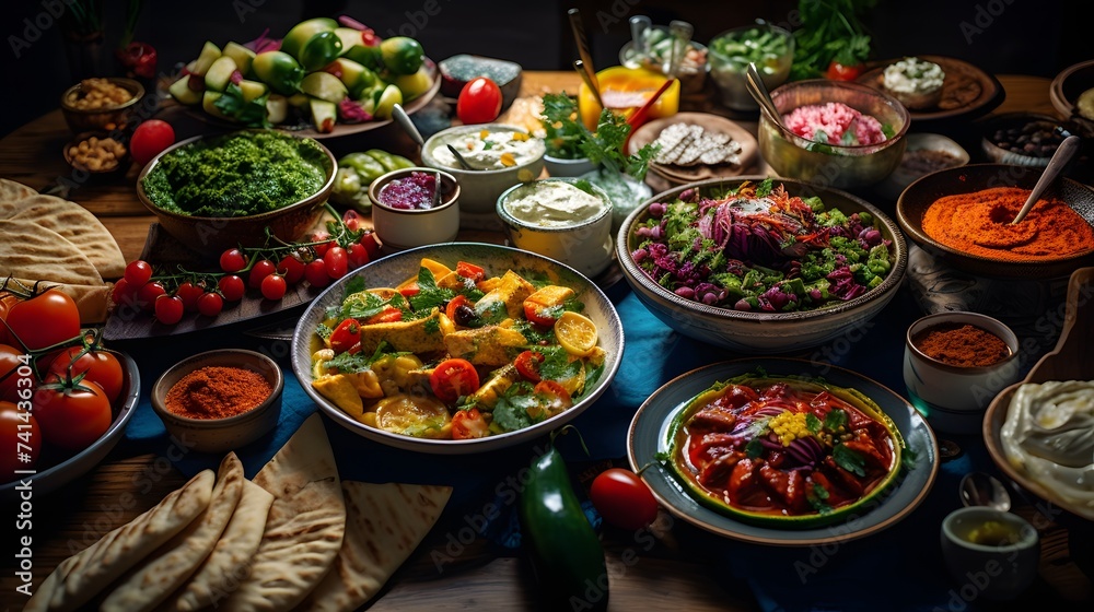 a spread of mezze dishes on a vibrant Turkish dining table
