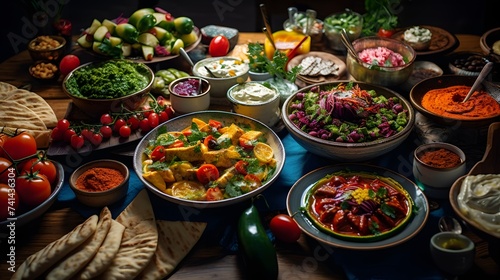 a spread of mezze dishes on a vibrant Turkish dining table © artfisss