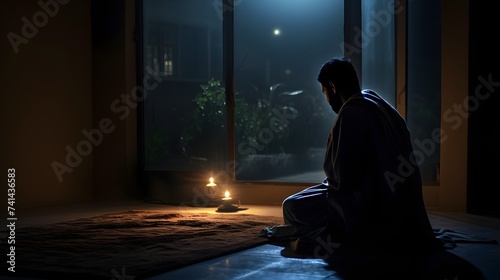 a solitary figure performing night prayers (Tahajjud) in a quiet corner