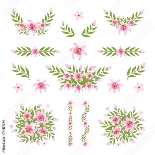 Isolated colorful flowers wreath with branch and leaves. Transparent bouquet and decorative object. Blooming floral material for graphic design.