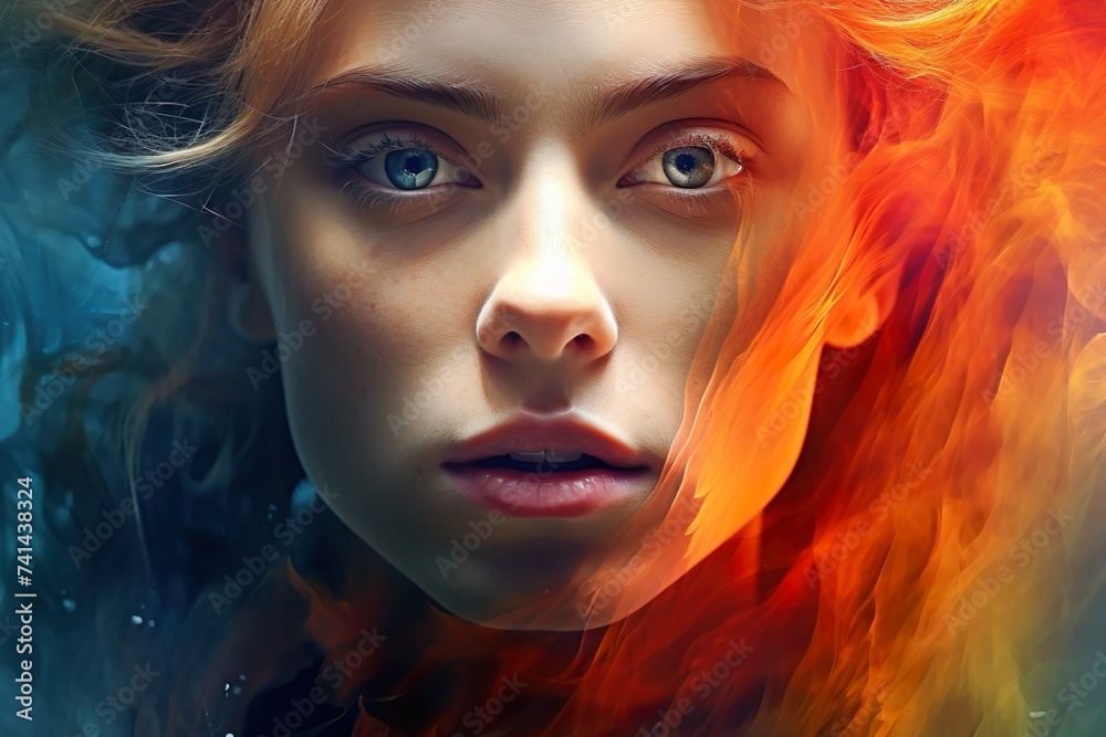 Fiery Grace: Portrait of a Woman with Red Hair and Intense Expression Amidst Dynamic Colors