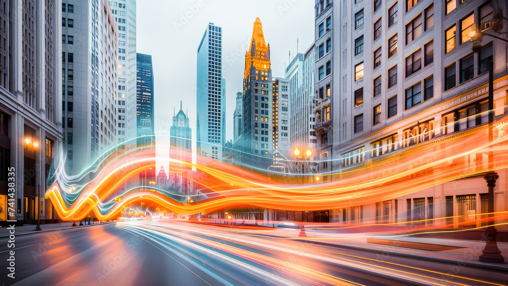 Fototapeta premium Long exposure image capturing dynamic light trails and bustling city traffic at night in an urban skyline.