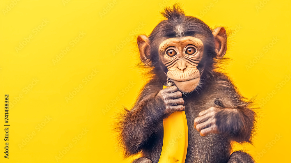 A primate is seated on a yellow background, eating a banana, copy space A primate is seated on a yellow background, eating a banana, copy space