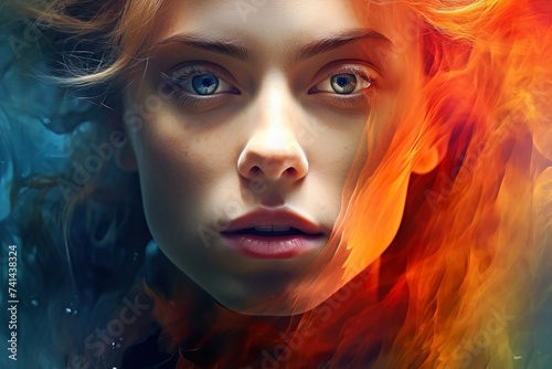 Fiery Grace  Portrait of a Woman with Red Hair and Intense Expression Amidst Dynamic Colors