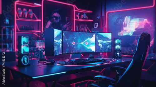 Professional gamer room with personal computer with LED lights