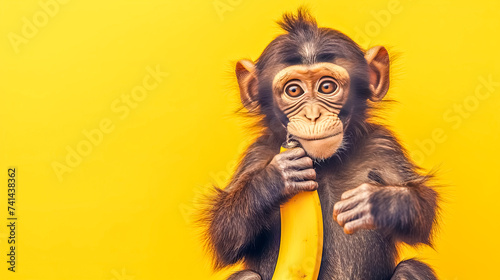 A primate is seated on a yellow background, eating a banana, copy space photo