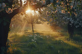 A blossoming trees in spring garden in the light of sunrise