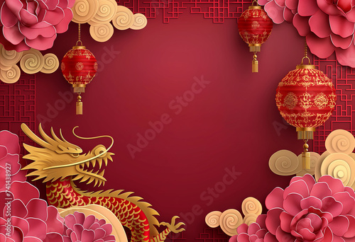 Chinese new year, China lantern and paper cut dragon banner background, in the style of light maroon and pink, uhd image, massurrealism, detail-oriented, multilayered realism. photo