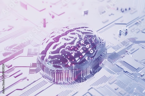 AI Brain Chip communication interface. Artificial Intelligence forecast mind image segmentation axon. Semiconductor operating system circuit board brain tumor grading