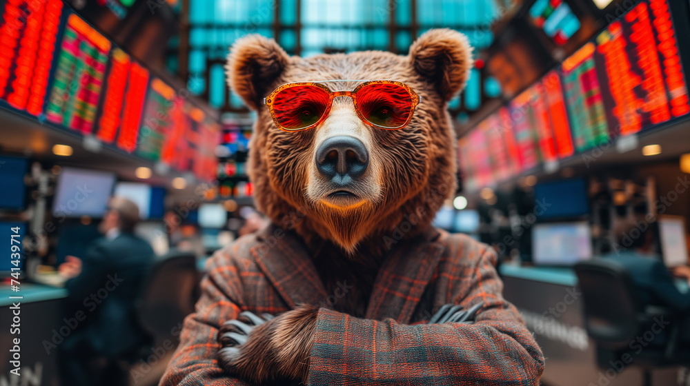 A person wearing a bear mask stands in a stock exchange with a serious expression and red sunglasses