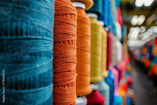 Vivid textile spools in a blur, with a sharp focus on orange thread, fabric industry